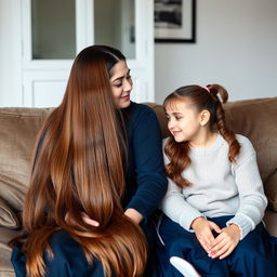 A mother with very long, silky, flowing hair wearing a dark blue winter abaya sits on the couch alongside her teenage daughter, who has her hair tied in a ponytail