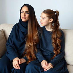 A mother with very long, silky, flowing hair wearing a dark blue winter abaya sits on the couch alongside her teenage daughter, who has her hair tied in a ponytail