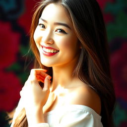 A beautiful Asian model with a radiant, genuine smile, standing confidently against a vibrant background