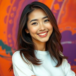 A beautiful Asian model with a radiant, genuine smile, standing confidently against a vibrant background