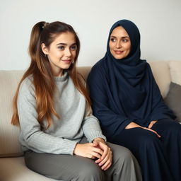 A mother with very long, silky, flowing hair wearing a dark blue winter abaya sits on the couch alongside her teenage daughter, who has her hair tied in a ponytail