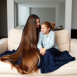 A mother with very long, silky, flowing hair wearing a dark blue winter abaya sits on the couch alongside her teenage daughter, who has her hair tied in a ponytail