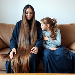 A mother with very long, silky, flowing hair wearing a dark blue winter abaya sits on the couch alongside her teenage daughter, who has her hair tied in a ponytail