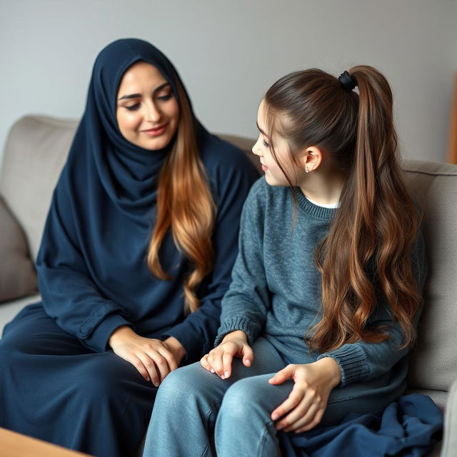 A mother with very long, silky, flowing hair wearing a dark blue winter abaya sits on the couch alongside her teenage daughter, who has her hair tied in a ponytail