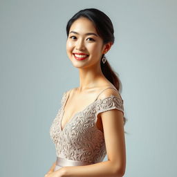 A beautiful Asian model wearing a stunning dress, exuding confidence and elegance