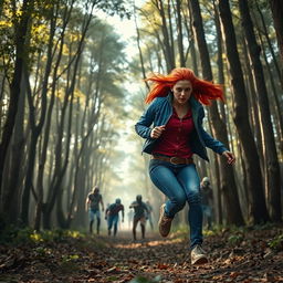 a dramatic forest scene featuring zombies emerging from between the trees, with sunlight streaming through the canopy above