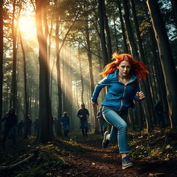 a dramatic forest scene featuring zombies emerging from between the trees, with sunlight streaming through the canopy above