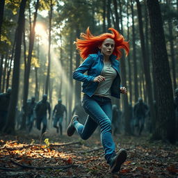 a dramatic forest scene featuring zombies emerging from between the trees, with sunlight streaming through the canopy above