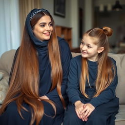 A mother with very long, silky, flowing hair, adorned with a hairband, wearing a dark blue winter abaya, sits on the couch next to her teenage daughter, whose hair is tied in a ponytail