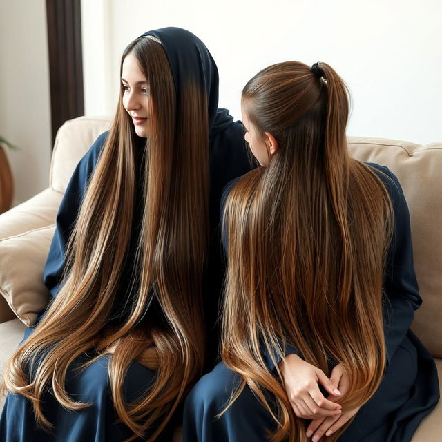 A mother with very long, silky, flowing hair, adorned with a hairband, wearing a dark blue winter abaya, sits on the couch next to her teenage daughter, whose hair is tied in a ponytail