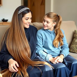 A mother with very long, silky, flowing hair, adorned with a hairband, wearing a dark blue winter abaya, sits on the couch next to her teenage daughter, whose hair is tied in a ponytail