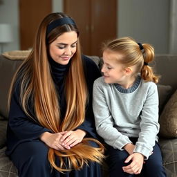 A mother with very long, silky, flowing hair, adorned with a hairband, wearing a dark blue winter abaya, is seated on a couch next to her teenage daughter, whose hair is tied in a ponytail