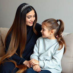 A mother with very long, silky, flowing hair, adorned with a hairband, wearing a dark blue winter abaya, is seated on a couch next to her teenage daughter, whose hair is tied in a ponytail