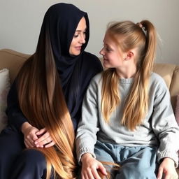 A mother with very long, silky, flowing hair, adorned with a hairband, wearing a dark blue winter abaya, is seated on a couch next to her teenage daughter, whose hair is tied in a ponytail