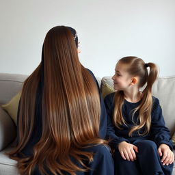 A mother with very long, silky, flowing hair, adorned with a hairband, wearing a dark blue winter abaya, is seated on a couch next to her teenage daughter, whose hair is tied in a ponytail