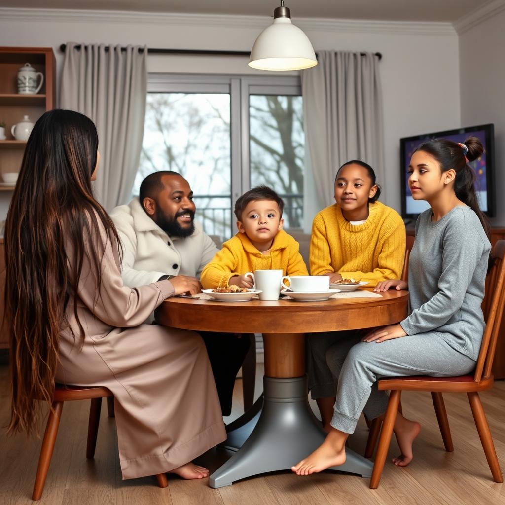 A family comprised of a mother with very long, silky, loose hair wearing a black winter abaya, a father in a white winter coat, a son dressed in a yellow winter sweater and matching pajama pants, and a teenage daughter with her hair tied up, wearing grey pajama clothes