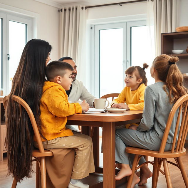 A family comprised of a mother with very long, silky, loose hair wearing a black winter abaya, a father in a white winter coat, a son dressed in a yellow winter sweater and matching pajama pants, and a teenage daughter with her hair tied up, wearing grey pajama clothes