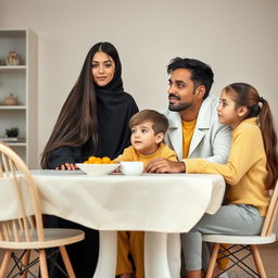 A family comprised of a mother with very long, silky, loose hair wearing a black winter abaya, a father in a white winter coat, a son dressed in a yellow winter sweater and matching pajama pants, and a teenage daughter with her hair tied up, wearing grey pajama clothes