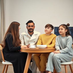 A family comprised of a mother with very long, silky, loose hair wearing a black winter abaya, a father in a white winter coat, a son dressed in a yellow winter sweater and matching pajama pants, and a teenage daughter with her hair tied up, wearing grey pajama clothes