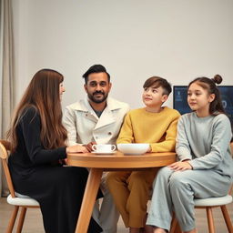 A family comprised of a mother with very long, silky, loose hair wearing a black winter abaya, a father in a white winter coat, a son dressed in a yellow winter sweater and matching pajama pants, and a teenage daughter with her hair tied up, wearing grey pajama clothes