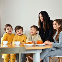 A family gathered at the breakfast table, featuring a mother with very long, silky, loose hair wearing a black winter abaya, a father in a white winter coat, a son dressed in a yellow winter sweater and matching pajama pants, and a teenage daughter with her hair tied back, wearing grey pajama clothes