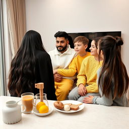 A family gathered at the breakfast table, featuring a mother with very long, silky, loose hair wearing a black winter abaya, a father in a white winter coat, a son dressed in a yellow winter sweater and matching pajama pants, and a teenage daughter with her hair tied back, wearing grey pajama clothes