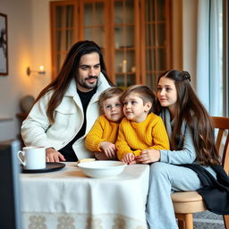 A family gathered at the breakfast table, featuring a mother with very long, silky, loose hair wearing a black winter abaya, a father in a white winter coat, a son dressed in a yellow winter sweater and matching pajama pants, and a teenage daughter with her hair tied back, wearing grey pajama clothes