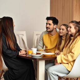 A family gathered at the breakfast table, featuring a mother with very long, silky, loose hair wearing a black winter abaya, a father in a white winter coat, a son dressed in a yellow winter sweater and matching pajama pants, and a teenage daughter with her hair tied back, wearing grey pajama clothes