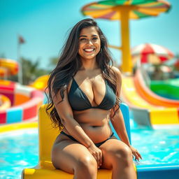 An enticing scene at a water park featuring a beautiful Indian woman with voluptuous curves seated comfortably on a vibrant water park seat