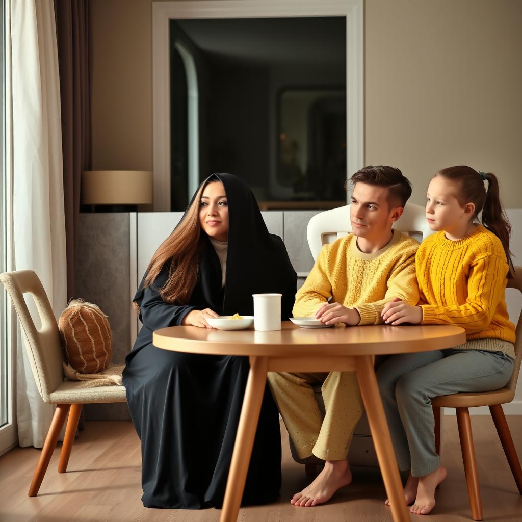 A family composed of a mother with very long, silky, loose hair wearing an elegant black winter abaya, a father dressed in a white winter coat, a son in a yellow winter sweater with matching pajama pants, and a teenage daughter with her hair tied back, wearing grey pajama attire