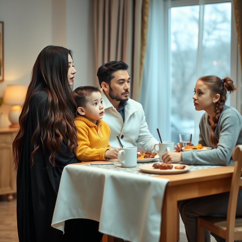 A family composed of a mother with very long, silky, loose hair wearing an elegant black winter abaya, a father dressed in a white winter coat, a son in a yellow winter sweater with matching pajama pants, and a teenage daughter with her hair tied back, wearing grey pajama attire