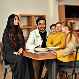 A family composed of a mother with very long, silky, loose hair wearing an elegant black winter abaya, a father dressed in a white winter coat, a son in a yellow winter sweater with matching pajama pants, and a teenage daughter with her hair tied back, wearing grey pajama attire