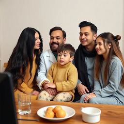 A family composed of a mother with very long, silky, loose hair wearing an elegant black winter abaya, a father dressed in a white winter coat, a son in a yellow winter sweater with matching pajama pants, and a teenage daughter with her hair tied back, wearing grey pajama attire