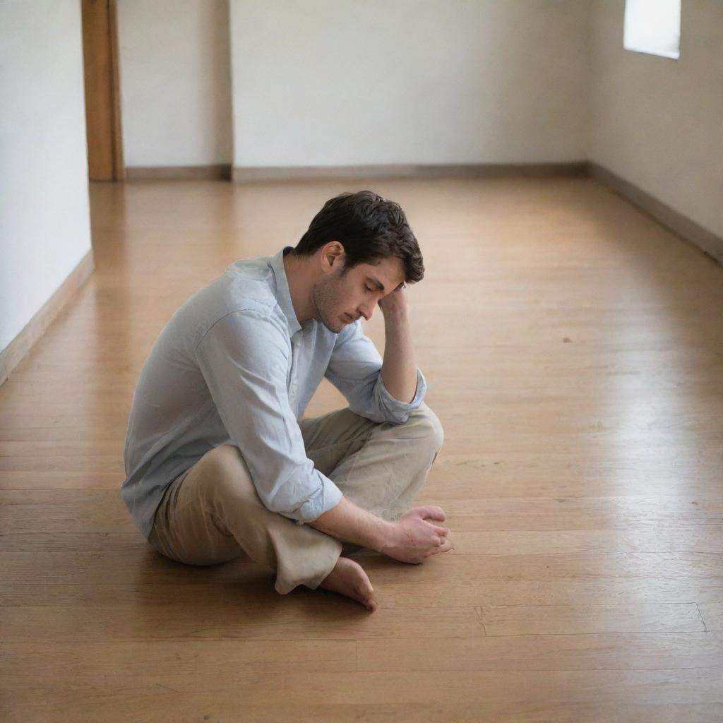 A person sitting leisurely on the floor, possibly lost deep in thoughts or enjoying a moment of solitude.