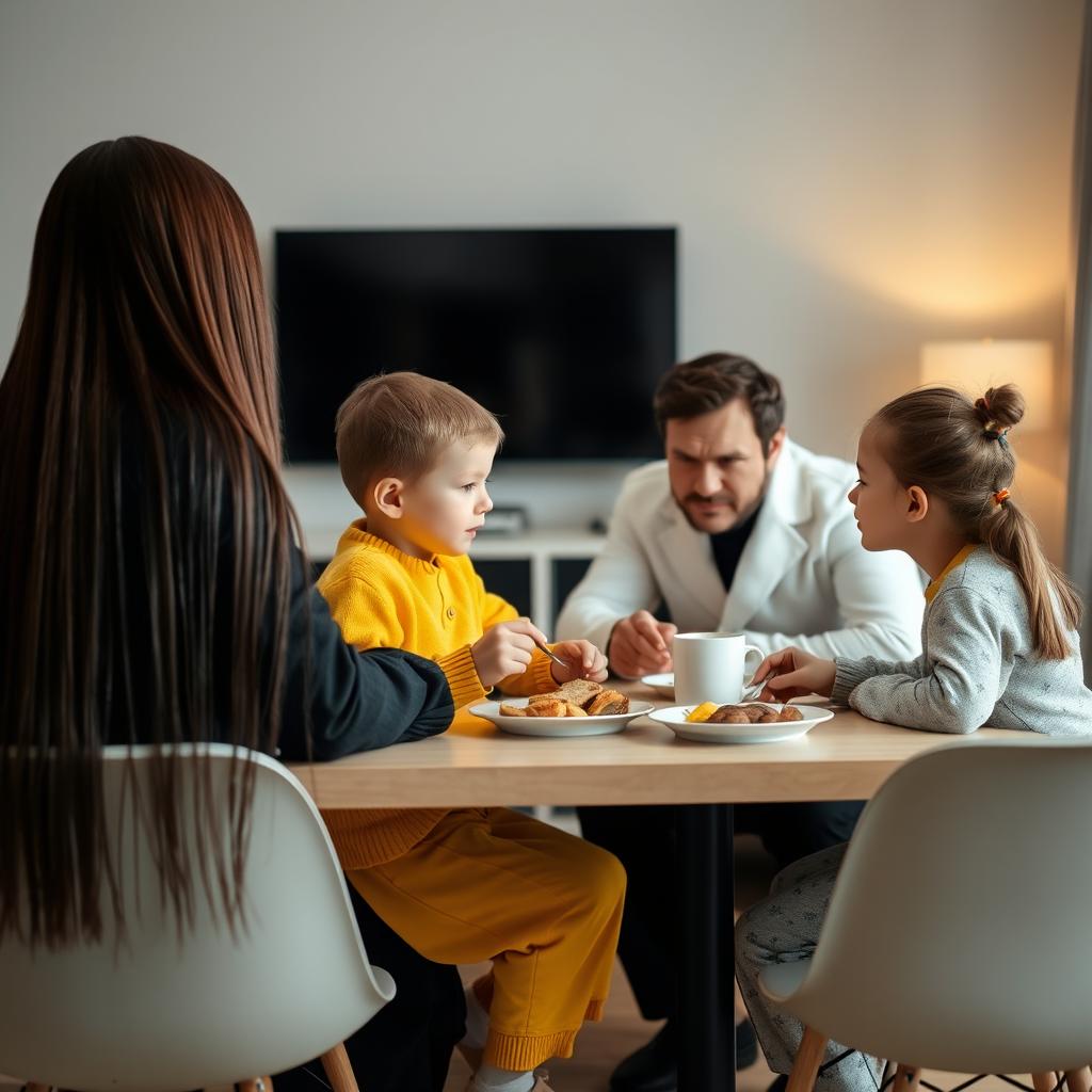 A family having breakfast together at the table