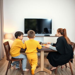 A family having breakfast together at the table