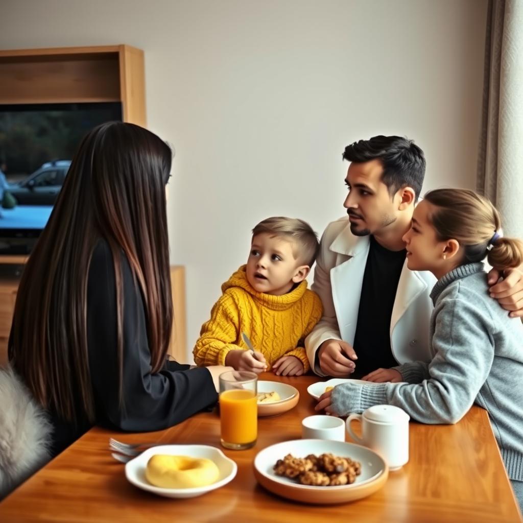 A family having breakfast together at the table