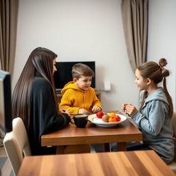 A family having breakfast together at the table