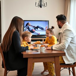 A family having breakfast together at the table