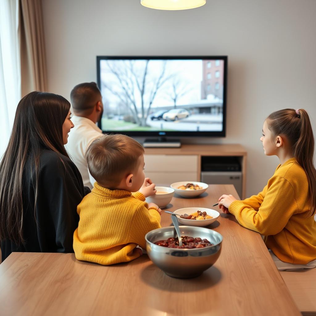 A family having breakfast together at the table