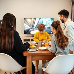 A family having breakfast together at the table