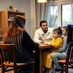 A family sitting at the breakfast table