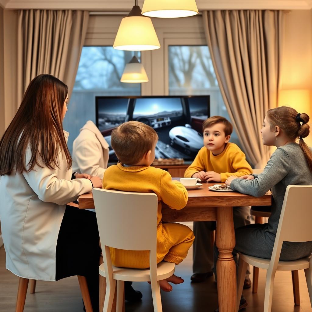 A family sitting at the breakfast table