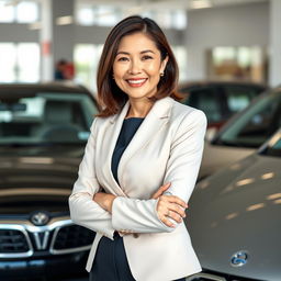 A pretty 50-year-old Vietnamese woman, exuding confidence and charm, is professionally showcasing cars at a dealership