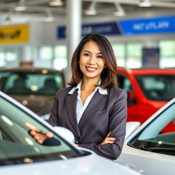 A pretty 50-year-old Vietnamese woman, exuding confidence and charm, is professionally showcasing cars at a dealership