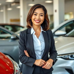 A pretty 50-year-old Vietnamese woman, exuding confidence and charm, is professionally showcasing cars at a dealership