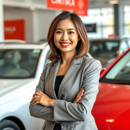 A pretty 50-year-old Vietnamese woman, exuding confidence and charm, is professionally showcasing cars at a dealership