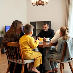 A family sitting at a breakfast table, each member clearly visible and watching TV