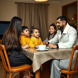 A family sitting at a breakfast table, each member clearly visible and watching TV