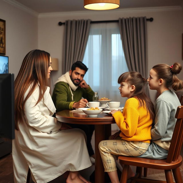 A family sitting at a breakfast table, each member clearly visible and watching TV